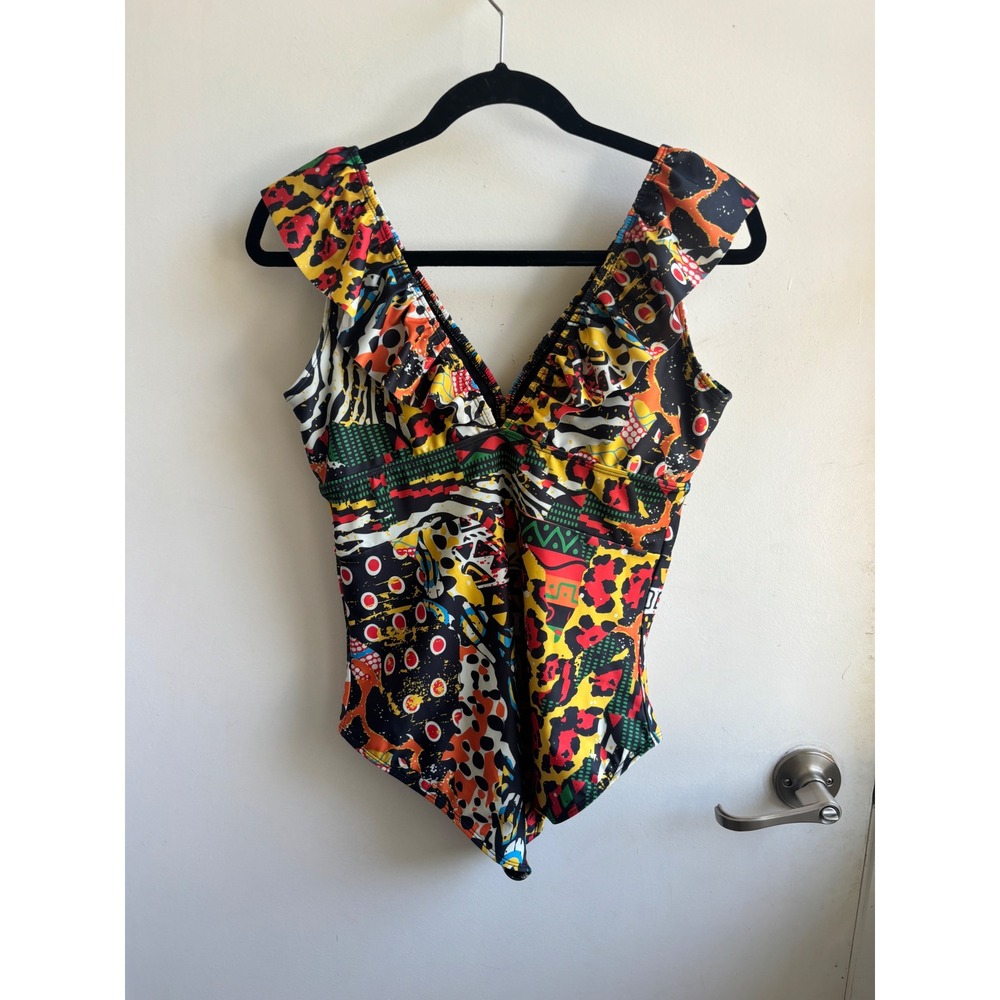 Averie Harlow Plunge One Piece Swimsuit large boho vacation tropical coastal - Picture 3 of 7
